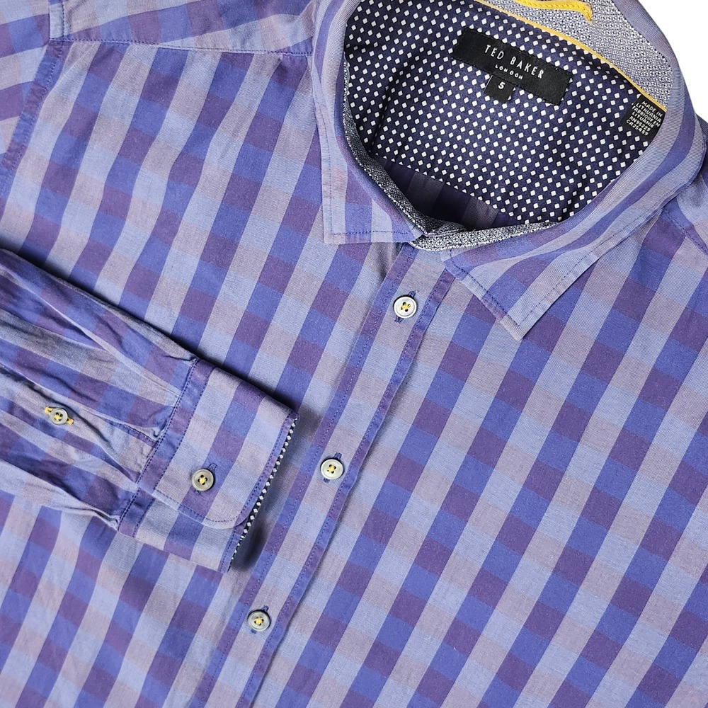 Ted Baker London Shirt Men UK‎ 5 US XL Blue Buffalo Check Flip Cuff Long Sleeve